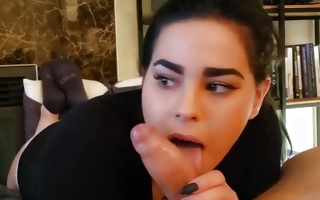 Youth young lady licking and sucking on his gigantic obese cock